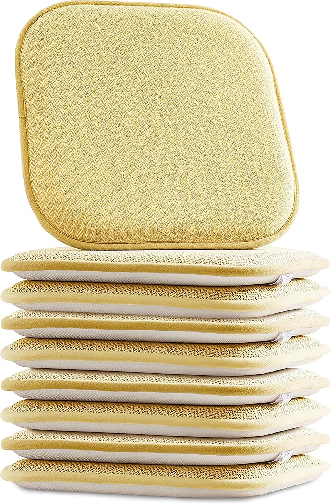 Elegant Comfort Chair Cushion Covers with Ties and Non Skid Rubber Backing-Thick Memory Foam - Soft Cushion Pad- Rounded Square Seat Cover- 16 x 16 Inches - Set of 8 Chevron Textured Pattern, Yellow