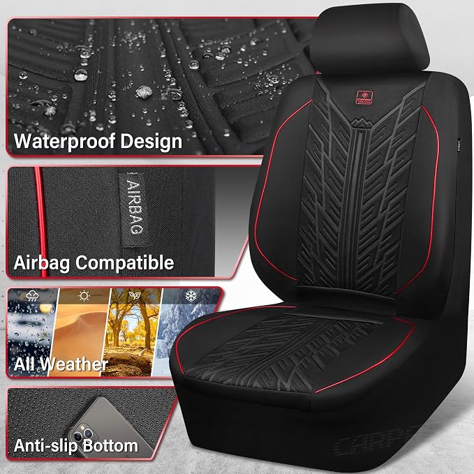 CAR PASS Waterproof Car Seat Covers Full Set,Neoprene Car Seat Covers 5 Seats,3D Tyre Embossed Wetsuit Seat Covers All-Weather Non-Slip Durable Universal Fit Trucks,SUV,Airbag Compatible,Black Red