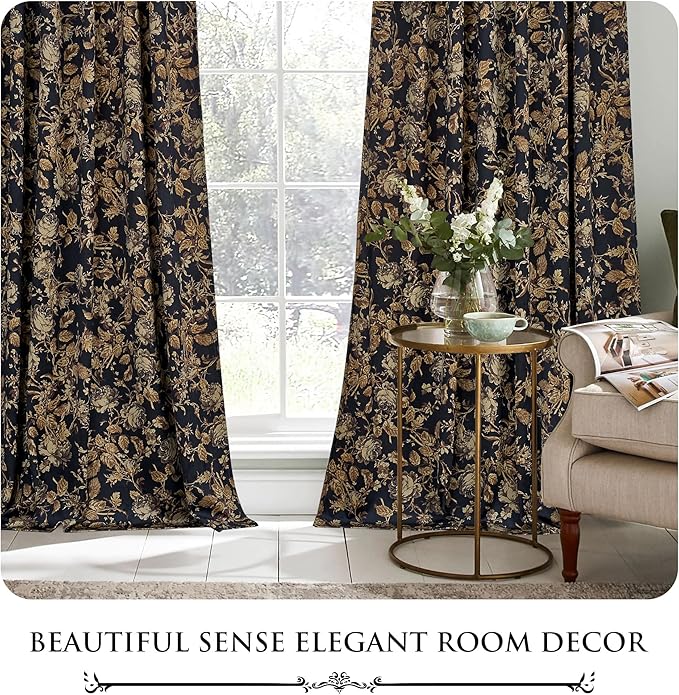 StangH Gold Velvet Curtains for Living Room, Super Soft Vintage Printed Floral Patterned Drapes Back Tab Light Blocking Window Treatments for Nursery Home Office, W52 x L102, 2 Panels