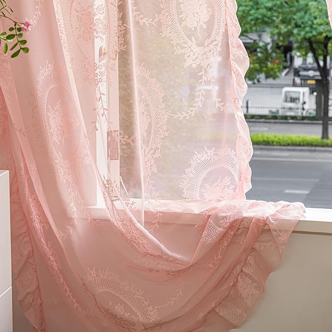 Sutuo Home Pink Lace Curtains 84 Inches Long 2 Set, Sheer Panels Rose Floral Embroidery Ruffled Vintage Voile Window Treatment Pair for Girl's Bedroom Living Room, Rod Pocket, W57 x L84