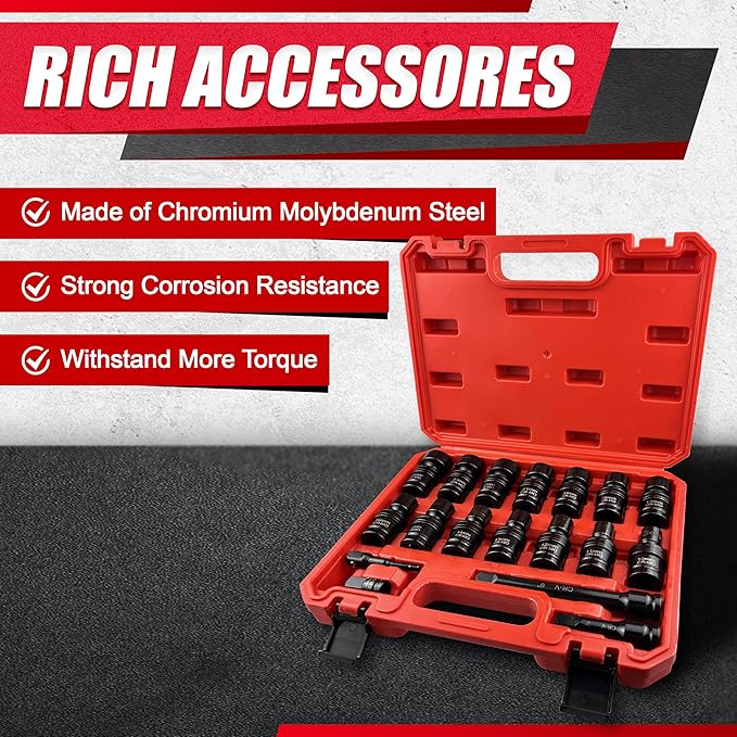 18PCS 1/2" Drive Shallow Universal Impact Socket Set,Swivel Socket Set,Metric Flexible Wobble Sockets, CR-MO,10-24mm, 3", 6" Extension Bar, Adapter,6 Point