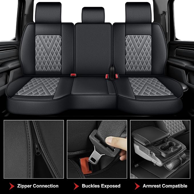 TTX for Dodge RAM 1500 2500 3500 2012-2025 2026 Seat Covers - Seat Cushion Cover with Durable Faux Leather and Curved Bench(Full Set/Black&Dark Grey)