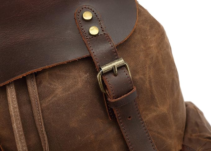 Genuine Leather Canvas waxed Backpack Travel Rucksack Laptop Bag Army Green