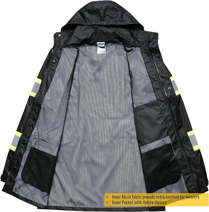 JKSafety Hi-Vis Reflective Safety Rain Jacket and Pants for Men Women Waterproof Rain Gears for Farming Fishing Work HV Rain Suit with Inner Mesh Lining and Pockets (117-Black XXL)