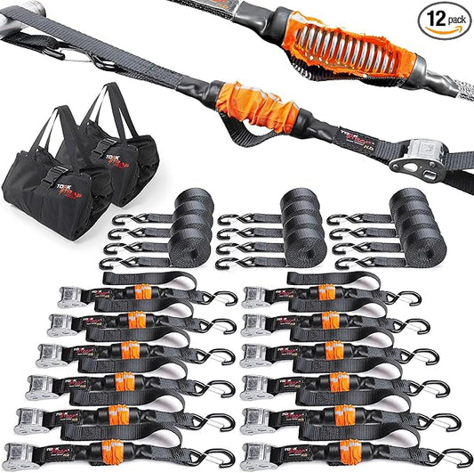 TorkStrap 14' x 1.5'' Self Tensioning Tie Down Straps [Patented] - Automatically Adapt to Load Shifts - 2,250LB Break Strength - Pull Alternative to Ratchet Strap - Integrated Soft Loop & Hook (12-PK)