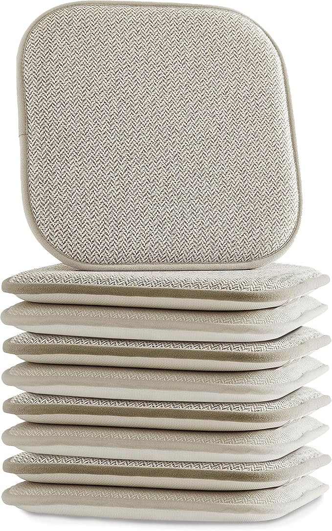 Elegant Comfort Chair Cushion Covers with Ties and Non Skid Rubber Backing-Thick Memory Foam - Soft Cushion Pad- Rounded Square Seat Cover- 16 x 16 Inches - Set of 8 Chevron Textured Pattern, Beige