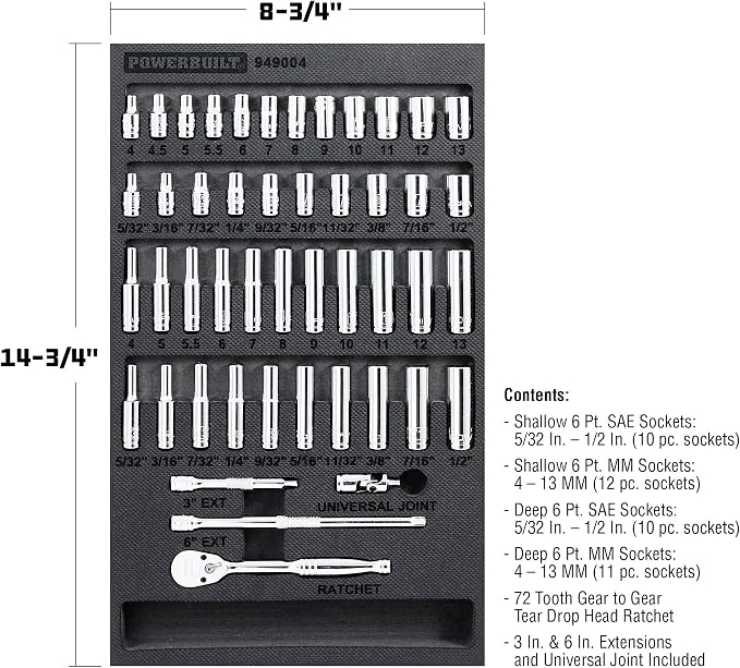 Powerbuilt 47 Piece Socket, Ratchet, Accessories Tool Set, 1/4-Inch Drive, SAE and Metric, Storage Tray, Pro Tech Tools Series, 949004, Silver