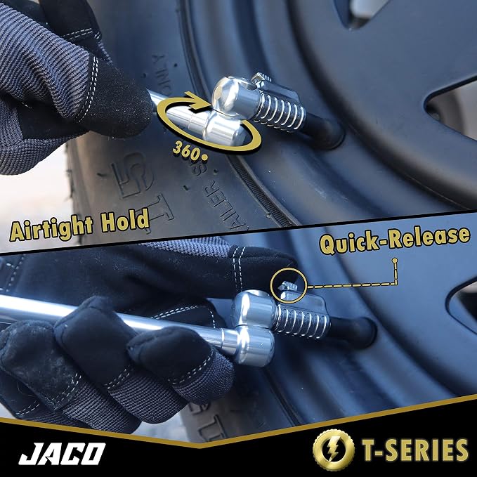 JACO Superior Products FlowPro Tire Inflator Gauge (100 PSI) with Dually Lightning T-Series Air Chuck (Bundle Kit)