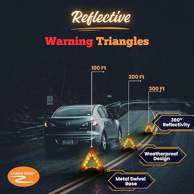 Lumen Wand 3-Pack LED Reflective Warning Triangles Kit for Road Safety | Metal Base, Internal LEDs & External Reflectors; Includes Storage Bag & 9 AAA Batteries | Emergency Triangle
