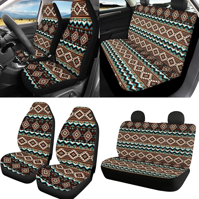 9 Pack Aztec Style Car Seat Covers Full Set, Elastic Comfy Navajo Auto Front Seats Rear Seats Cover with Steering Wheel Cover Seat Belt Pads Universal for SUV Cars Truck, Brown