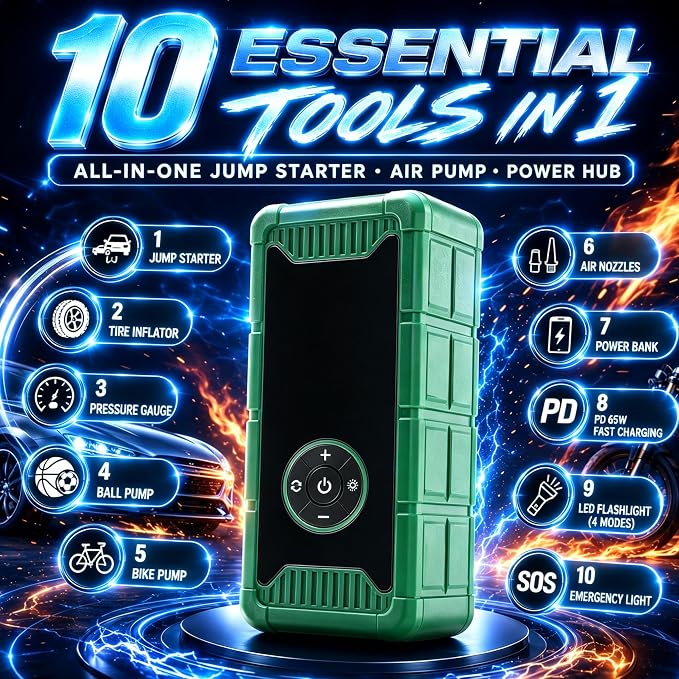 8000A Jump Starter with Air Compressor, Portable Tire Inflator and Battery Jumper, German-Tech Fast Charging Power Bank for Car Owner, Camping, Road Trips Emergency Preparedness Gift