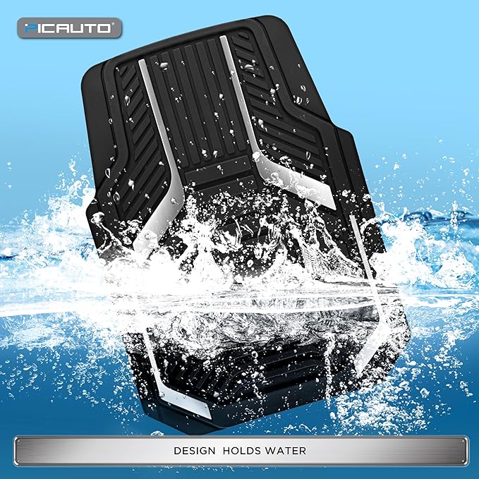 PIC AUTO Heavy Duty Rubber Floor Mats, Silver Aluminum Film Car Mats Set, Front and Rear Car Mats with Anti-Slip Backing, All Weather Protection, Trim-to-Fit for Automotive SUV, Sedan, Van