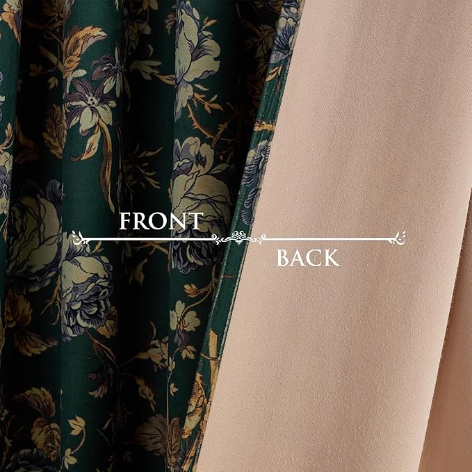 StangH Green Velvet Curtains with Print Floral, Back Tab Luxury Window Panels 90 inches Long Thermal Insulated Room Darkening Drapes for Sliding Door, W52 x L90, 2 Panels