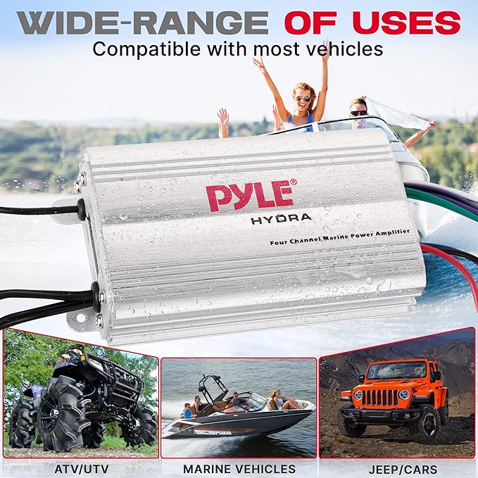 Pyle 400W 4-Channel Hydra Marine Micro Amplifier - Waterproof - RCA Input - 3.5mm Jack - MP3 - Soft Turn On/Off - Volume Gain Level Remote Control - Power Protection - PLMRMP3A