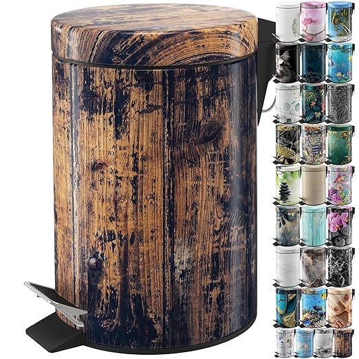 Sanilo Small Bathroom Trash Can with Lid [1.3 Gallon] - Lidded Tiny Trashcan for Garbage - Mini Metal Bin with Soft Closing Mechanism - Bath Room Accessoire Wastebin with Inner Bucket (Vintage)