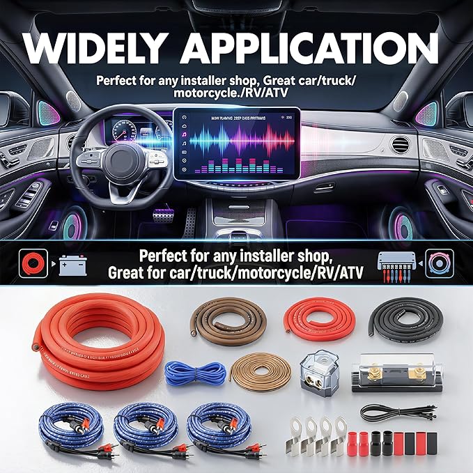 0 Gauge True Dual Amp CCA Wiring Kit - with 200A ANL Fuse, OFC RCA & 14 Gauge Speaker Wire | Complete Power/Ground Cables & Distribution Block for High-Performance Car Audio