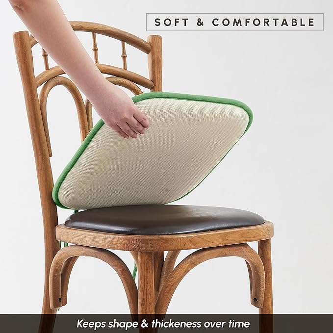 Elegant Comfort Chair Cushion Covers with Ties and Non Skid Rubber Backing-Thick Memory Foam - Soft Cushion Pad- Rounded Square Seat Cover-16 x 16 Inches- Honeycomb Textured Pattern, Set of 6, Green