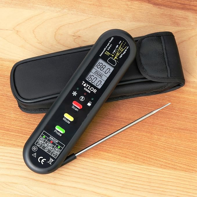 Taylor Dual Temp Infrared Thermocouple Thermometer, Multi-Functional Infrared Mode, Dual Line LCD, HOLD, Min/Max; Step Down Probe, Water Resistant, Black
