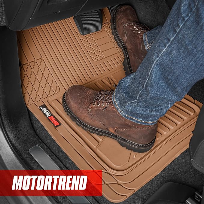 Motor Trend FlexTough™ Heavy Duty Rubber Beige Car Floor Mats All Weather & Jumbo SUV Cargo Liner Full Set - Universal Trim to Fit Automotive Floor Mats & Trunk Mats for Cars Interior Accessories