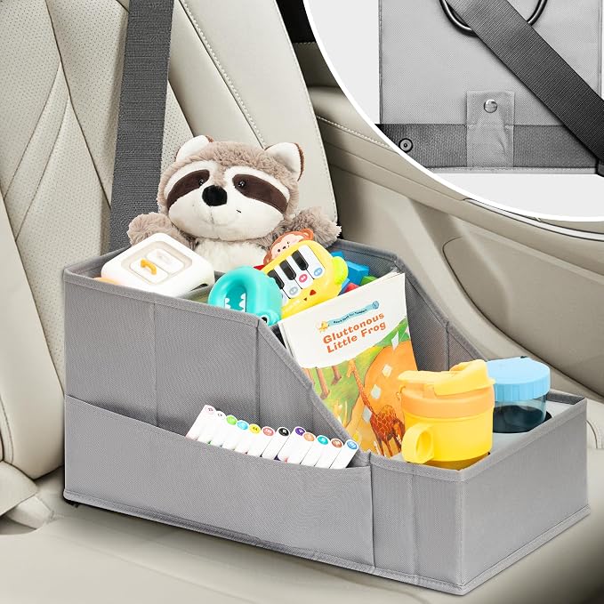 CROS 2 Pack Car Seat Organizer with Metal-Reinforced Cup Holders, 12 Storage Compartments Backseat Car Organizer, Travel Essentials for Kids Toys & Snacks, Non-Slip Seat Storage for SUV, Truck, Gray
