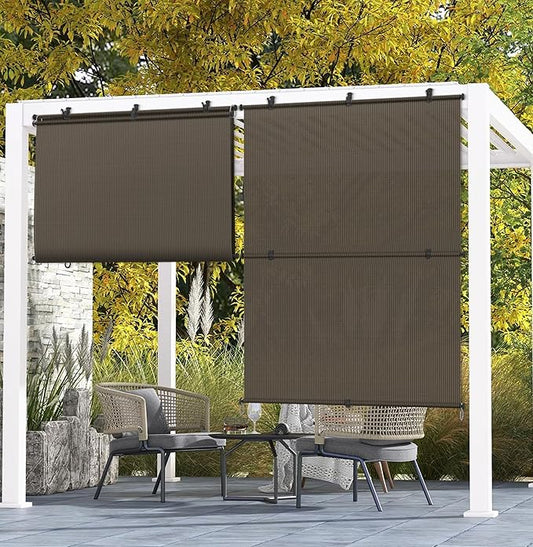 Coarbor Outdoor Roller Shades 8'W x 11.5'H Porch Sun Shades Outdoor Roll Up Blinds for Patio Porch Gazebo Balcony Backyard, Brown