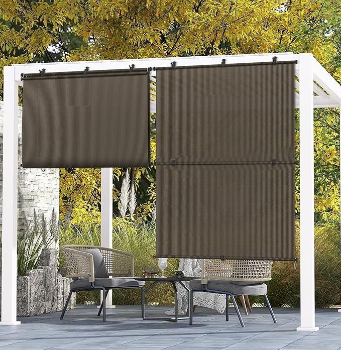Coarbor Outdoor Roller Shades 7'W x 7'H Porch Sun Shades Outdoor Roll Up Blinds for Patio Porch Gazebo Balcony Backyard, Brown