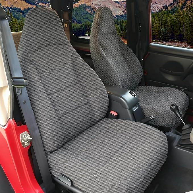 Custom Seat Covers for Jeep Wrangler TJ 1997 1998 1999 2000 2001 2002 Heavy Duty Cloth Protector Interior Accessories，Waterproof & Machine Washable, Foam Padded - Gray（Front）