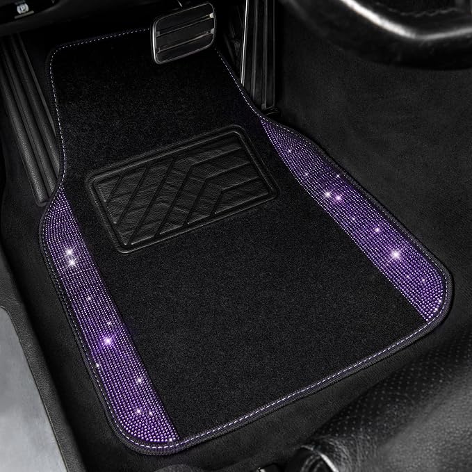 CAR PASS Diamond Bling Leather Seat Covers Set Car Floor Mats Glitter Rhinestone Steering Wheel and Car Interior Accessory Set for Women Purple Violet