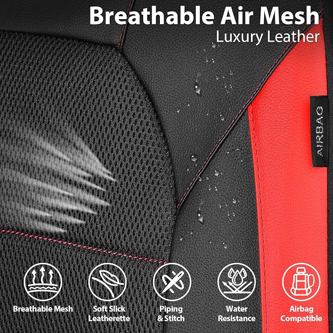 CAR PASS Universal Leather Sport car seat Covers&Leather Rubber Steering Wheel Cover Set,Equipped with Mobile Phone Holder and Non-Slip Cup Mat,Suitable for Steering Wheel 14.5-15”Black Red