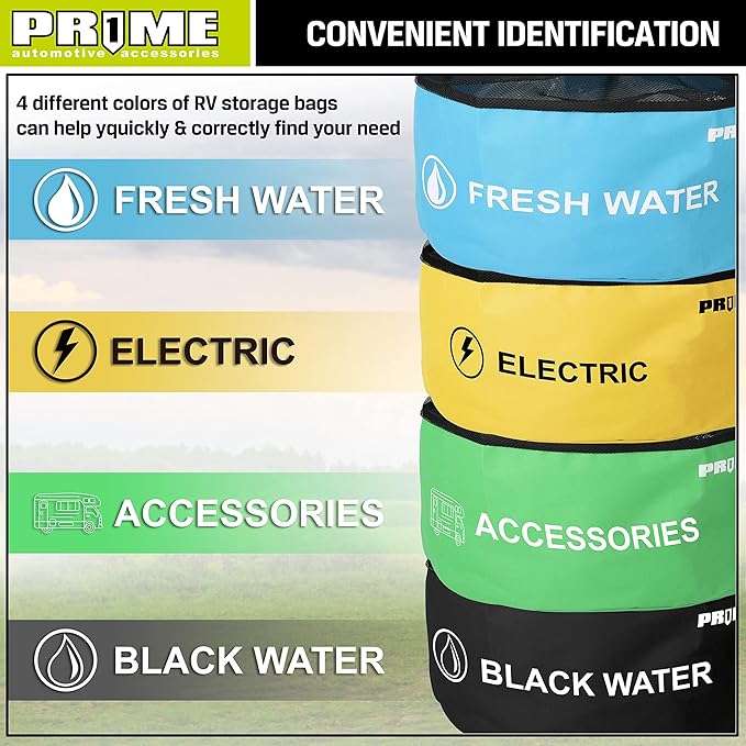 PR1ME 4 Pack Waterproof RV Hose Bag Storage, Utility Bag for Sewer Hose, Camper and RV Accessories, 4 Colors for Sewer and Fresh Water Hoses, Electrical Cords, Camper Tools Accessories