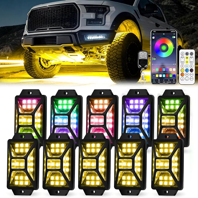 10 Pods Full Angle RGB Rock Lights Compatible with 12V Trucks Jeep UTV SUV ATV Boat Golf Cart, Waterproof Multi-Color, App/Remote Control Led Rock Lights with Music Mode(Patented)