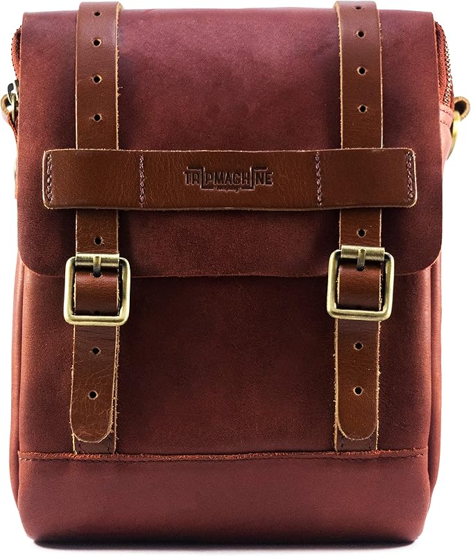 Trip Machine Company Genuine Leather Motorcycle Magnetic Fuel Tank & Tail Pillion Seat Mount Bag with Shoulder Strap and Rain Cover (Cherry Red)