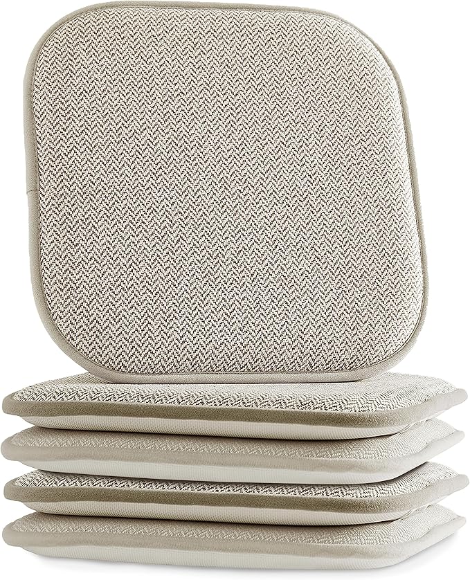 Elegant Comfort Chair Cushion Covers with Ties and Non Skid Rubber Backing-Thick Memory Foam - Soft Cushion Pad- Rounded Square Seat Cover- 16 x 16 Inches - Set of 4 Chevron Textured Pattern, Beige