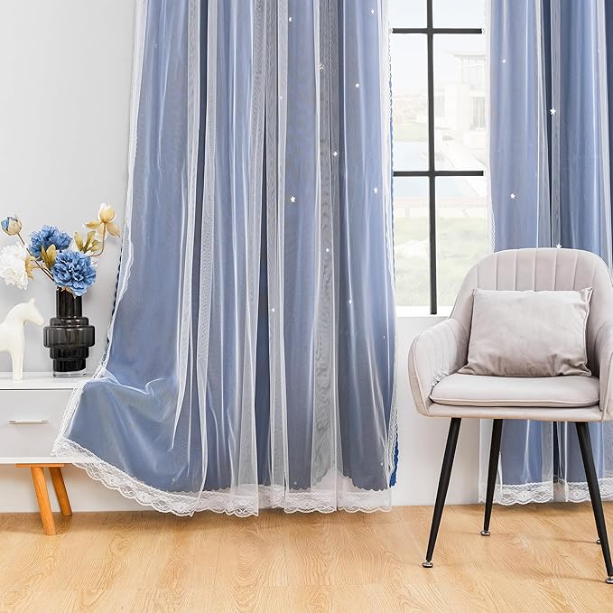 XiDi Blackout Curtains for Bedroom & Living Room - Double Layer, 84 Inch Long Navy Blue Unicorn Curtains for Kids & Girls Room