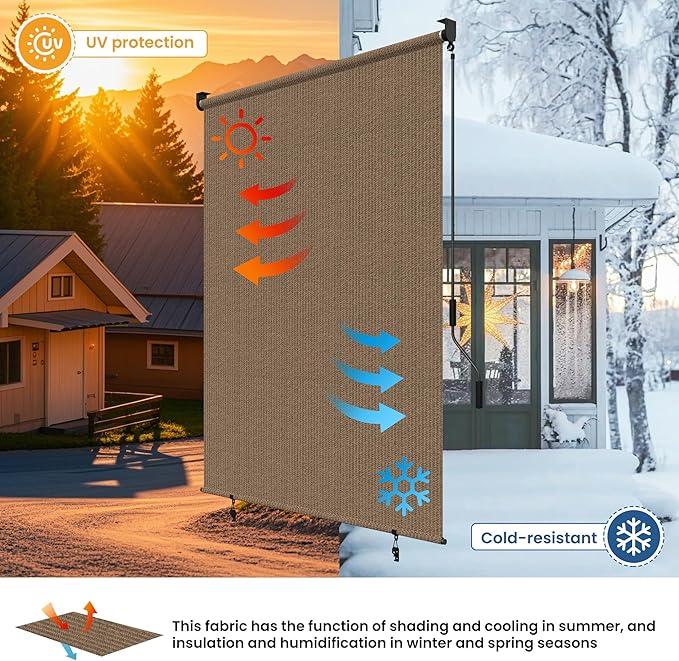 Grandekor Outdoor Roller Shade,8' W x 6' H,Patio Roll Up Cordless,Outdoor Privacy Screen with 220GSM HDPE Aluminum,Wand Operation,Exterior Roller Shades Cloth for Porch Gazebo Backyard,Mocha