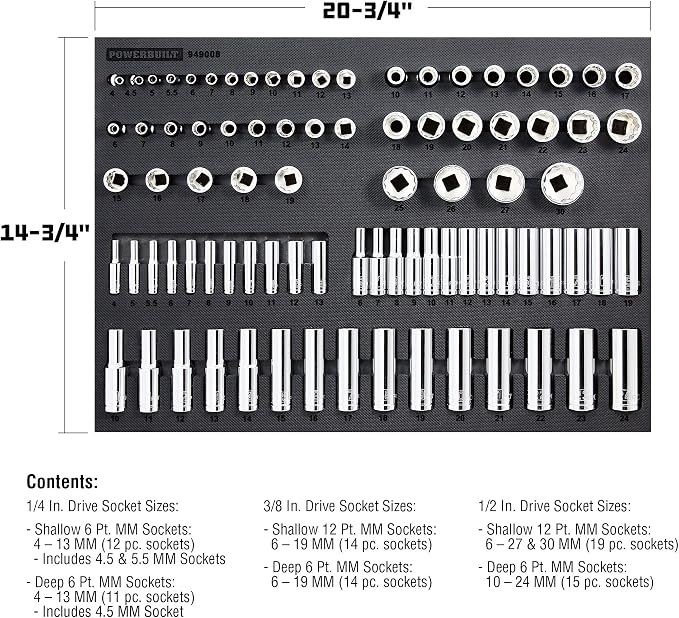 Powerbuilt 85 Piece Metric Master Socket Set, 1/4, 3/8, and 1/2 Inch Drive, 6 and 12 Point, Deep and Shallow Sockets, Storage Organizer - 949008