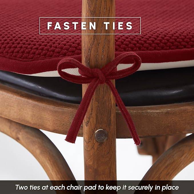 Elegant Comfort Chair Cushion Covers with Ties and Non Skid Rubber Backing-Thick Memory Foam - Soft Cushion Pad- Rounded Square Seat Cover-16 x 16 Inches-Honeycomb Textured Pattern, Set of 6, Burgundy