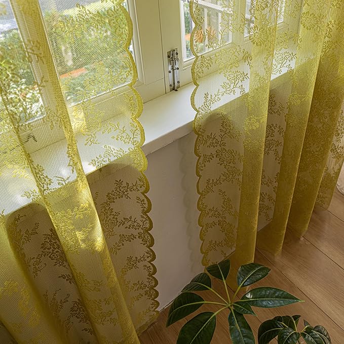 Sutuo Home Sage Green Lace Curtains 84 Inches Long for Bedroom Living Room 2 Panels Set, Boho Sheer Floral Embroidery Ruffled French Vintage Window Treatment Pair Doorway Decor Rod Pocket, W57 x L84