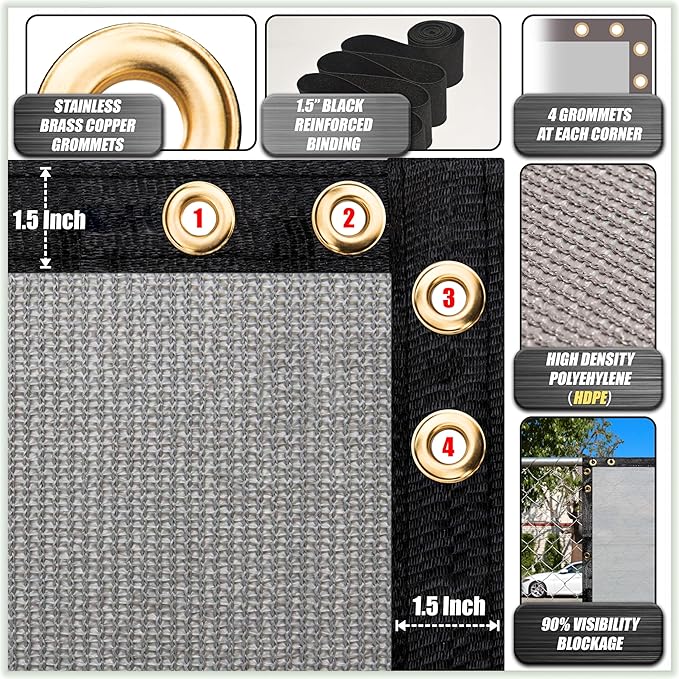 ColourTree Customized Size 6' x 9' Gray Fence Screen Privacy Screen - Commercial Grade 170 GSM - Heavy Duty - 3 Years Warranty - Cable Zip Ties Included
