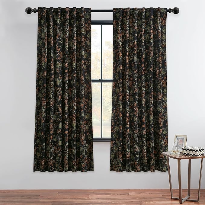 StangH Floral Print Velvet Curtains 72 inches Long for Bedroom, Black Room Darkening Thermal Insulated Window Drapes for Kitchen/Balcony/Bay Window, W52 x L72, 2 Panels