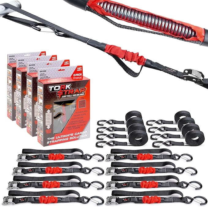 TorkStrap M500 | 14' x 1'' Self Tensioning Tie Down Straps - Automatically Adapt to Load Shifts - 1,500LB Break Strength - Pull Alternative to Ratchet Straps - Integrated Soft Loops & Hooks (8-PK)