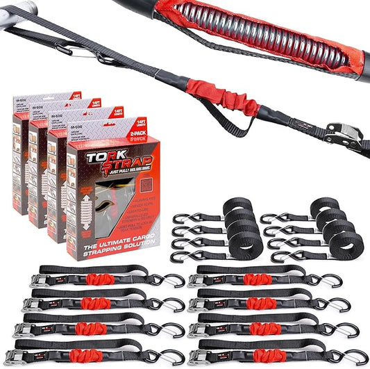 TorkStrap M500 | 14' x 1'' Self Tensioning Tie Down Straps - Automatically Adapt to Load Shifts - 1,500LB Break Strength - Pull Alternative to Ratchet Straps - Integrated Soft Loops & Hooks (8-PK)