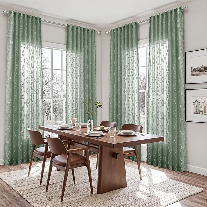 Hokibero Desert Sage Sheer Curtains 90 Inch Length for Living Room 2 Panels Back Tab Pocket Boho Farmhouse Drapes Light Filtering Protect Privacy Embroiderd Textured Rustic Curtain for Bedroom 52x90
