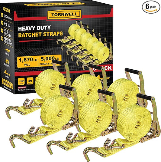 6 Pack 2" x 15' Ratchet Tie Down Straps, Heavy Duty Cargo Straps with J Hooks and Comfort Handles, 5,000 lb Break Strength, 1,670 lb WLL for Trucks and Trailers