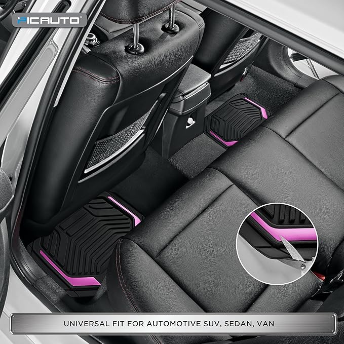 PIC AUTO Heavy Duty Rubber Floor Mats, Pink Aluminum Film Car Mats Set, Front and Rear Car Mats with Anti-Slip Backing, All Weather Protection, Trim-to-Fit for Automotive SUV, Sedan, Van