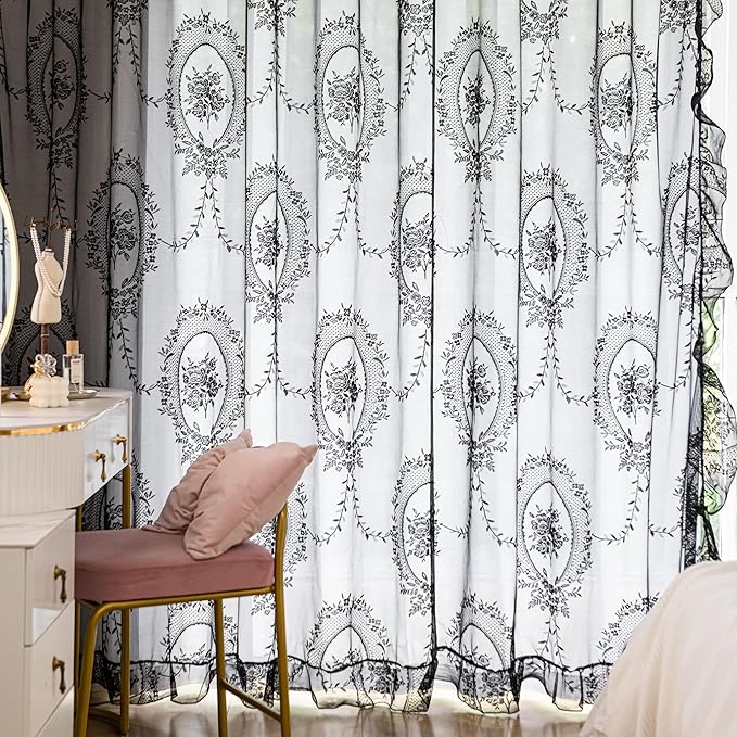 Sutuo Home Black Lace Curtains 84 Inches Long for Bedroom Living Room 2 Panels, Sheer Set Rose Floral Embroidery Ruffled Vintage Window Treatment Pair Gothic Halloween Decor, Rod Pocket, W57 x L84