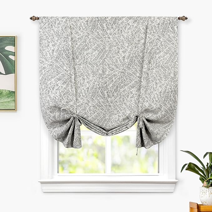 DriftAway Farmhouse Double Layer Linen Blackout Tie Up Curtains Thermal Insulated Striped Fully Lined Balloon Roman Shade Bathroom Window Adjustable Rod Pocket 45 Inch by 63 Inch Roman Black