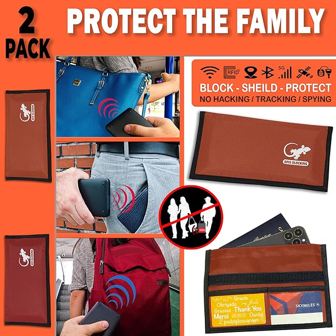 Faraday Bag Anti-Tracking GPS RFID Car Key Signal Blocker Wallet Shielding Pouch Protective Case for Cell Phone Car Key FOB, Data Privacy, Electronic Device Security (2 PACK - RED AND ORANGE)