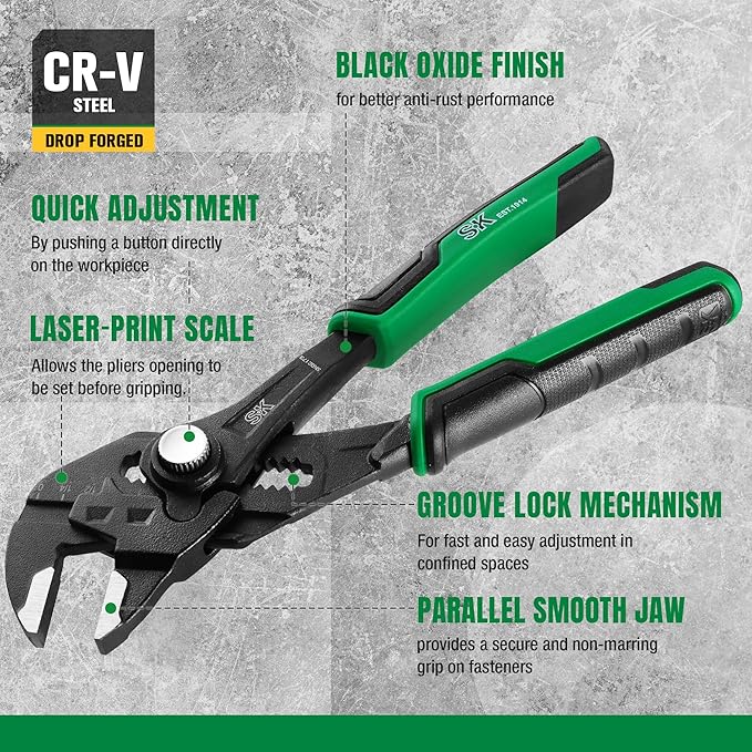 SK 2-Piece Pliers Wrench Set, Adjustable Parallel Smooth Jaw Pliers, 6-Inch, 7.5-Inch, Premium CR-V Construction, with Pocket Tool Pouch