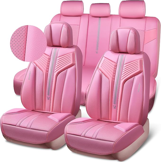 CAR PASS Pink Nappa Leather Seat Covers, Cute Girly Car Seat Covers Full Set for Women, Luxury 3D Sponge Support Waterproof Car Seat Protector, Universal Fit SUV Pick-up Truck Sedan Automotive